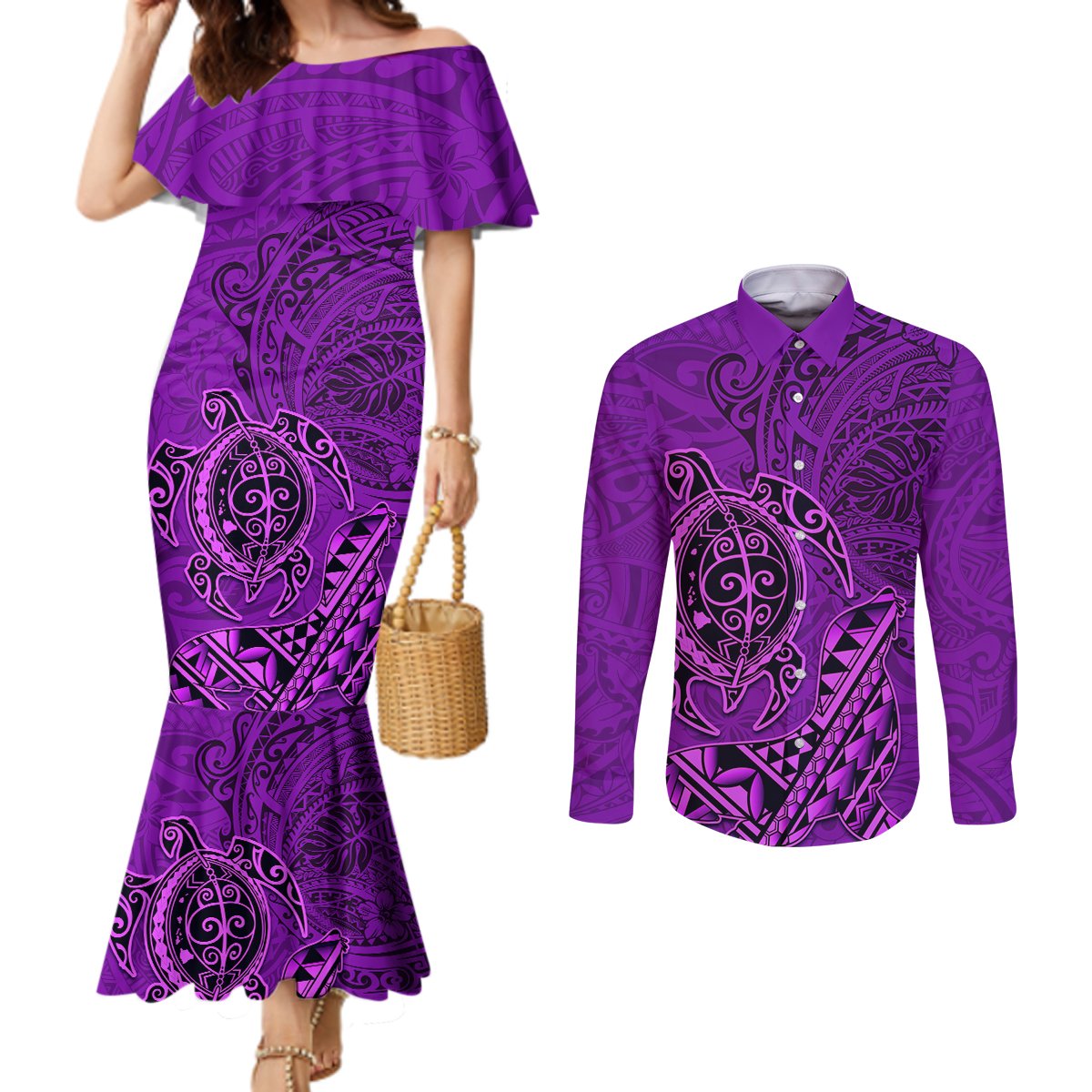 Hawaii Monk Seal and Dolphin Couples Matching Mermaid Dress and Long Sleeve Button Shirt Polynesian Kakau Pattern Purple LT03 Purple - Polynesian Pride