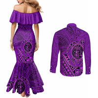 Hawaii Monk Seal and Dolphin Couples Matching Mermaid Dress and Long Sleeve Button Shirt Polynesian Kakau Pattern Purple LT03 - Polynesian Pride