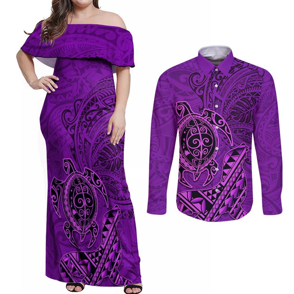 Hawaii Monk Seal and Dolphin Couples Matching Off Shoulder Maxi Dress and Long Sleeve Button Shirt Polynesian Kakau Pattern Purple LT03 Purple - Polynesian Pride