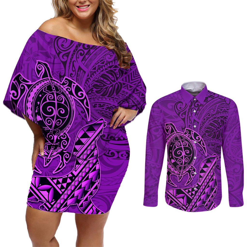 Hawaii Monk Seal and Dolphin Couples Matching Off Shoulder Short Dress and Long Sleeve Button Shirt Polynesian Kakau Pattern Purple LT03 Purple - Polynesian Pride