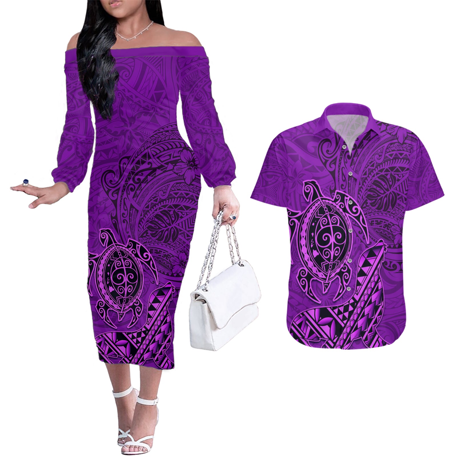 Hawaii Monk Seal and Dolphin Couples Matching Off The Shoulder Long Sleeve Dress and Hawaiian Shirt Polynesian Kakau Pattern Purple LT03 Purple - Polynesian Pride