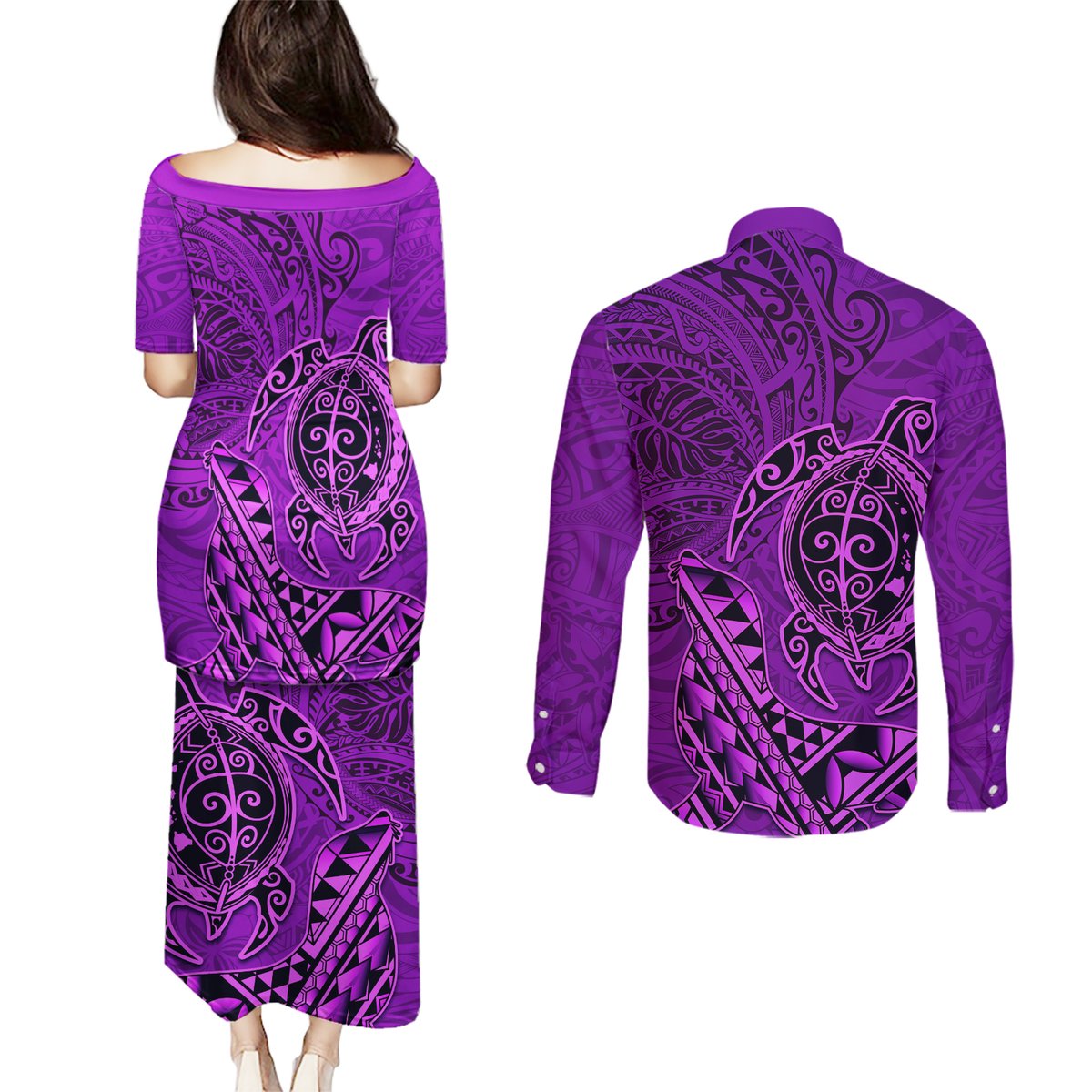 Hawaii Monk Seal and Dolphin Couples Matching Puletasi and Long Sleeve Button Shirt Polynesian Kakau Pattern Purple LT03 - Polynesian Pride