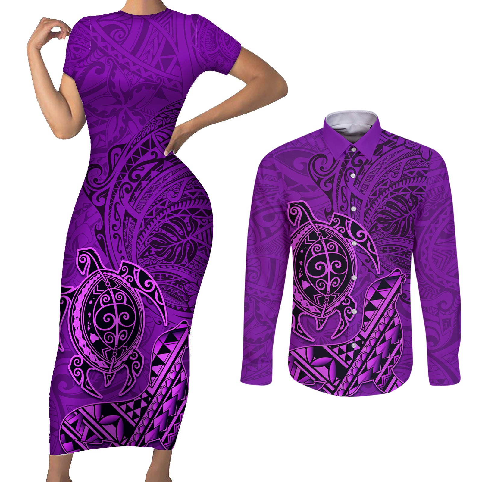 Hawaii Monk Seal and Dolphin Couples Matching Short Sleeve Bodycon Dress and Long Sleeve Button Shirt Polynesian Kakau Pattern Purple LT03 Purple - Polynesian Pride