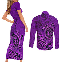 Hawaii Monk Seal and Dolphin Couples Matching Short Sleeve Bodycon Dress and Long Sleeve Button Shirt Polynesian Kakau Pattern Purple LT03 - Polynesian Pride