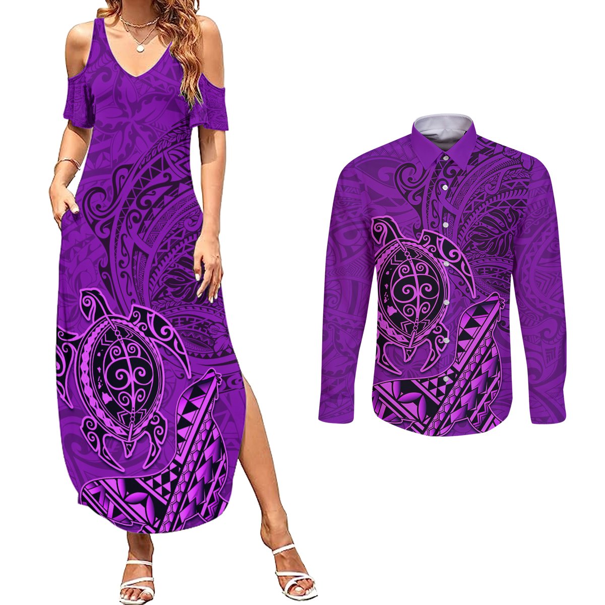 Hawaii Monk Seal and Dolphin Couples Matching Summer Maxi Dress and Long Sleeve Button Shirt Polynesian Kakau Pattern Purple LT03 Purple - Polynesian Pride