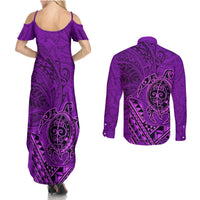 Hawaii Monk Seal and Dolphin Couples Matching Summer Maxi Dress and Long Sleeve Button Shirt Polynesian Kakau Pattern Purple LT03 - Polynesian Pride