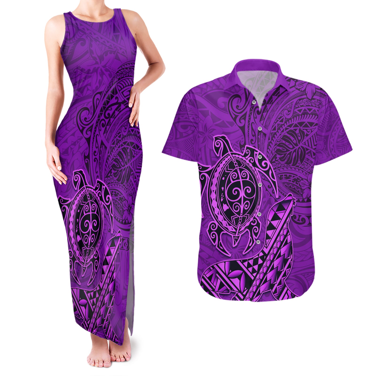 Hawaii Monk Seal and Dolphin Couples Matching Tank Maxi Dress and Hawaiian Shirt Polynesian Kakau Pattern Purple LT03 Purple - Polynesian Pride