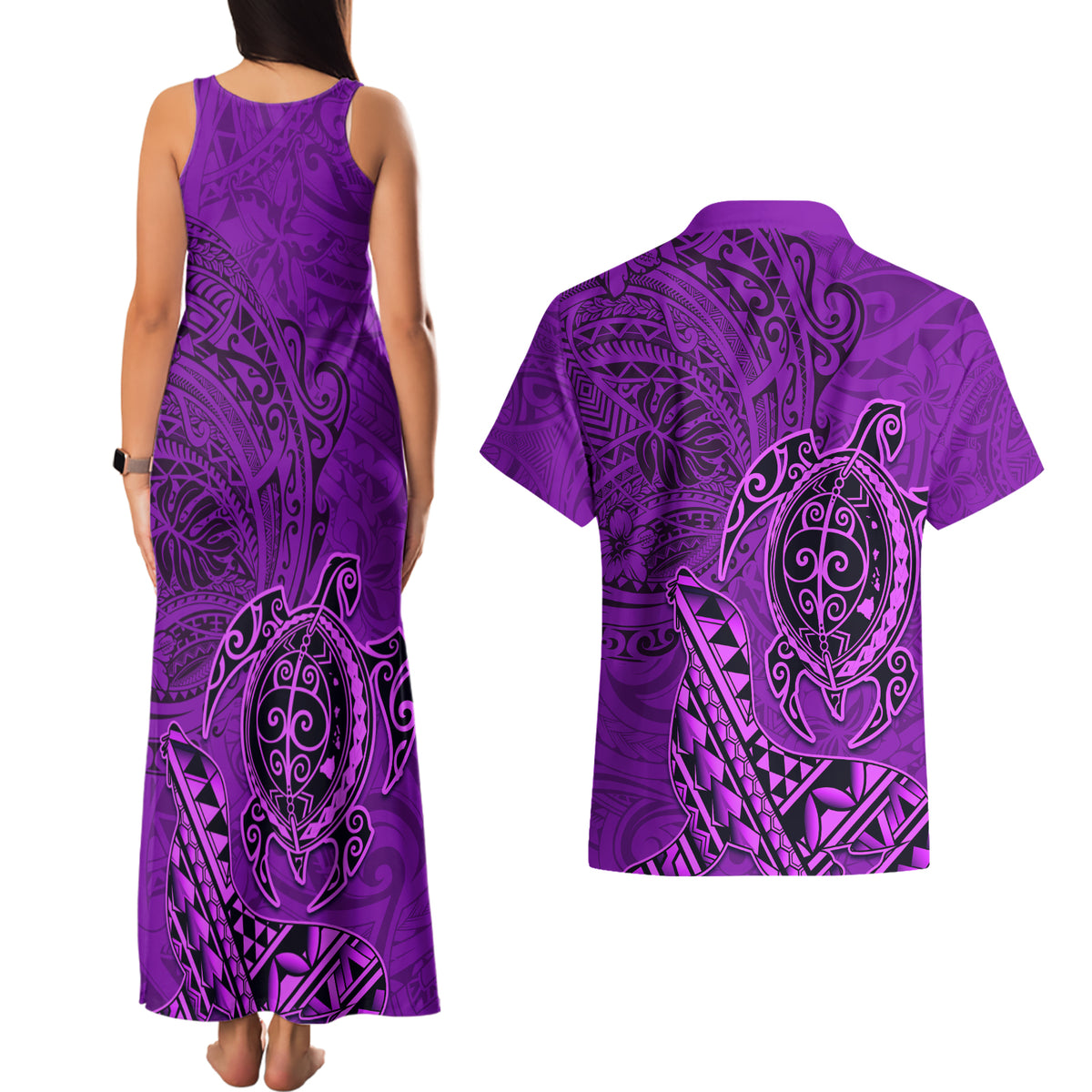 Hawaii Monk Seal and Dolphin Couples Matching Tank Maxi Dress and Hawaiian Shirt Polynesian Kakau Pattern Purple LT03 - Polynesian Pride