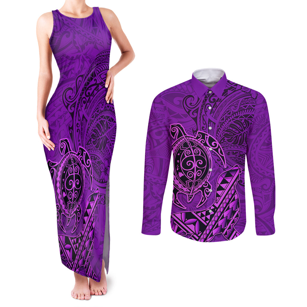 Hawaii Monk Seal and Dolphin Couples Matching Tank Maxi Dress and Long Sleeve Button Shirt Polynesian Kakau Pattern Purple LT03 Purple - Polynesian Pride