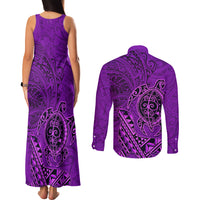 Hawaii Monk Seal and Dolphin Couples Matching Tank Maxi Dress and Long Sleeve Button Shirt Polynesian Kakau Pattern Purple LT03 - Polynesian Pride