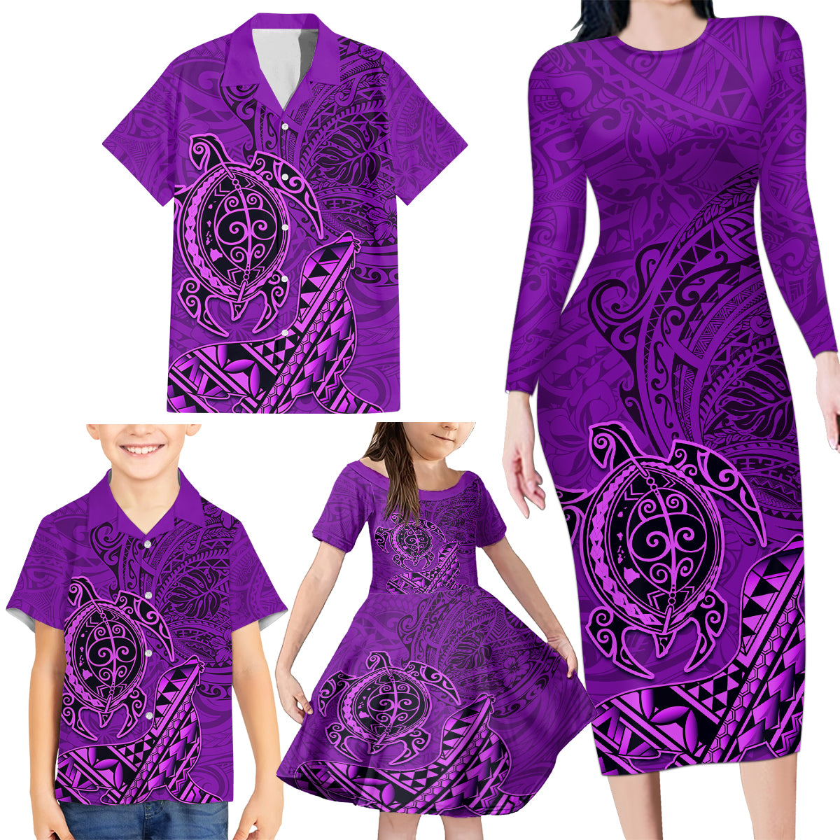 Hawaii Monk Seal and Dolphin Family Matching Long Sleeve Bodycon Dress and Hawaiian Shirt Polynesian Kakau Pattern Purple