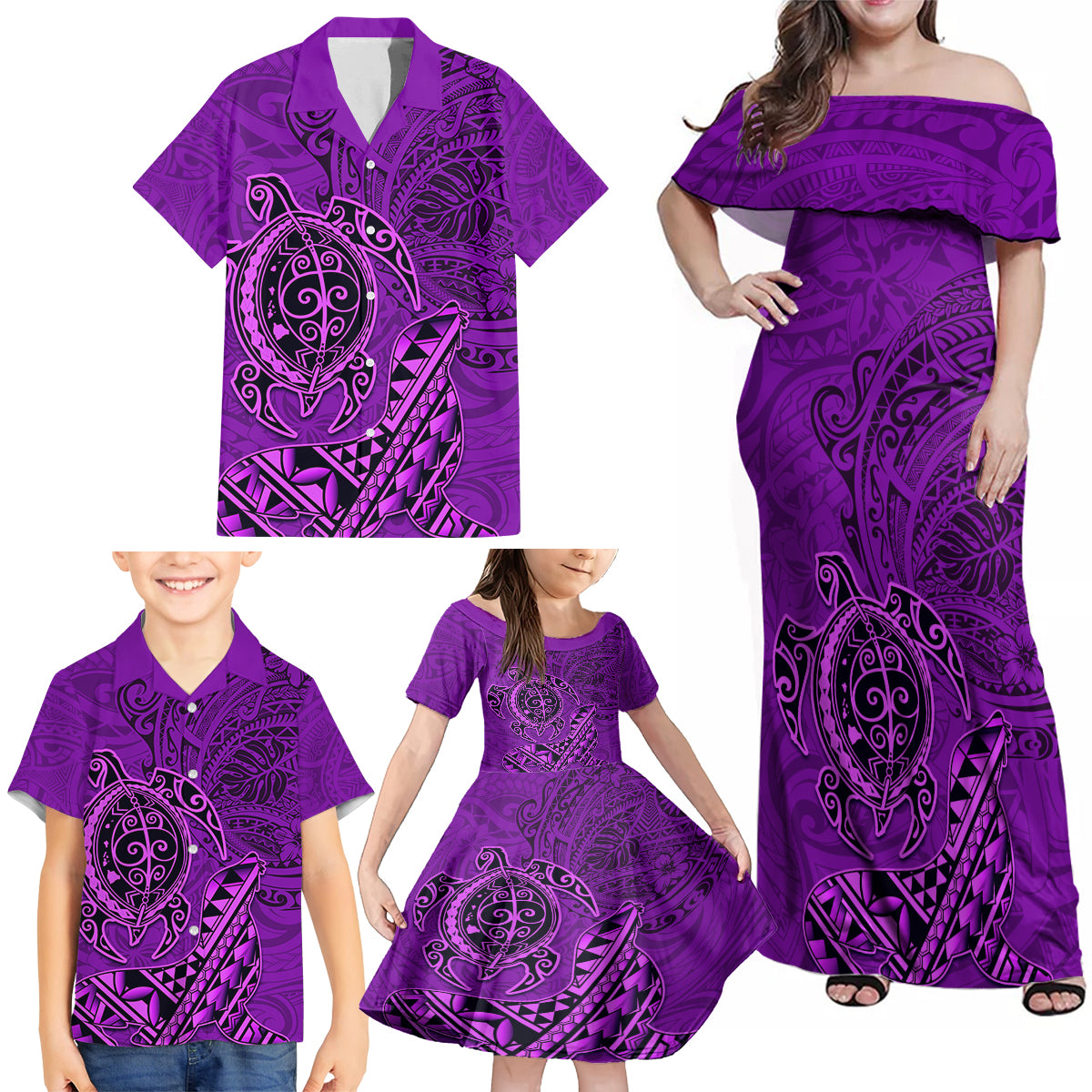 Hawaii Monk Seal and Dolphin Family Matching Off Shoulder Maxi Dress and Hawaiian Shirt Polynesian Kakau Pattern Purple