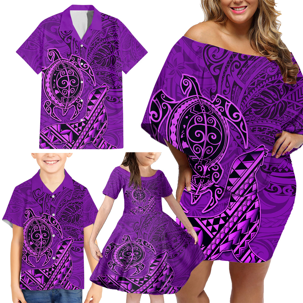 Hawaii Monk Seal and Dolphin Family Matching Off Shoulder Short Dress and Hawaiian Shirt Polynesian Kakau Pattern Purple LT03 - Polynesian Pride