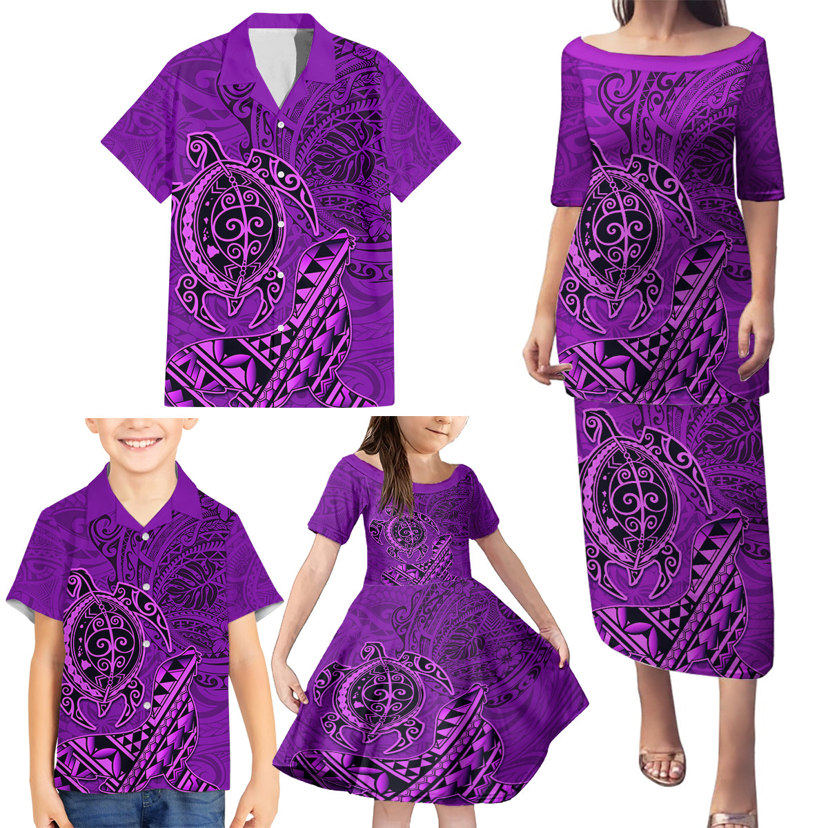 Hawaii Monk Seal and Dolphin Family Matching Puletasi and Hawaiian Shirt Polynesian Kakau Pattern Purple LT03 - Polynesian Pride