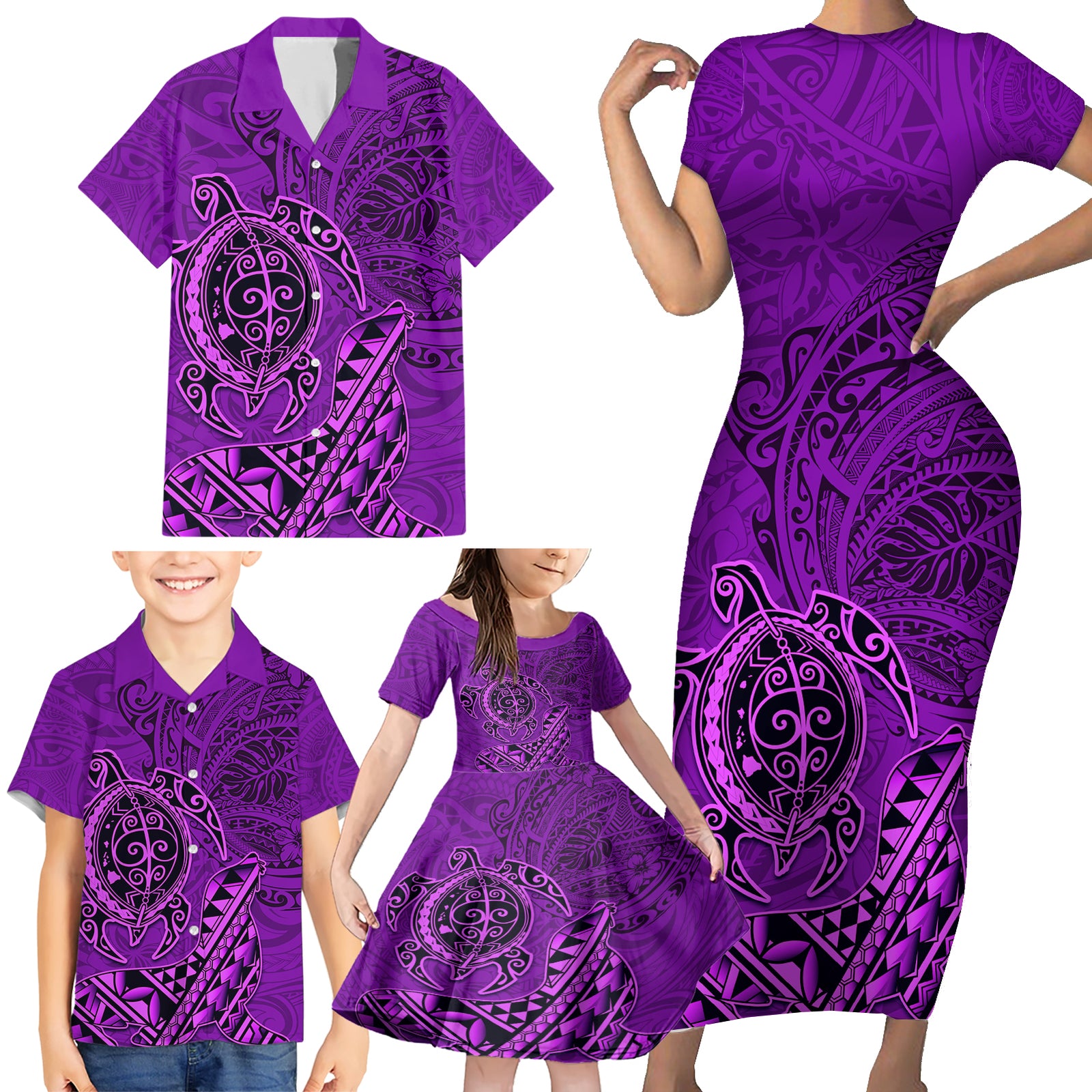 Hawaii Monk Seal and Dolphin Family Matching Short Sleeve Bodycon Dress and Hawaiian Shirt Polynesian Kakau Pattern Purple LT03 - Polynesian Pride
