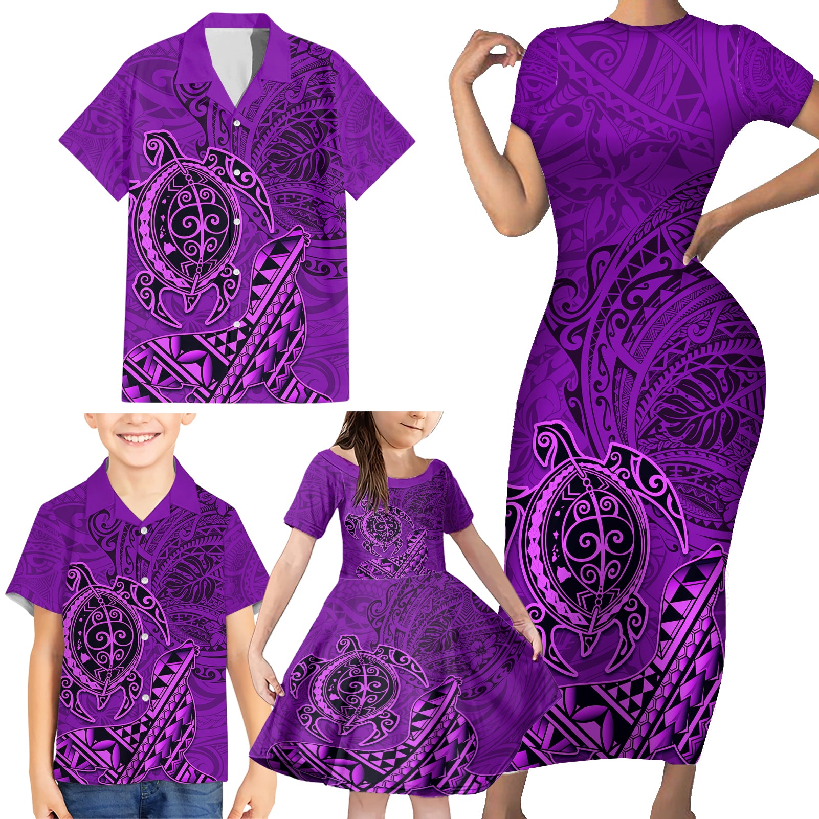 Hawaii Monk Seal and Dolphin Family Matching Short Sleeve Bodycon Dress and Hawaiian Shirt Polynesian Kakau Pattern Purple