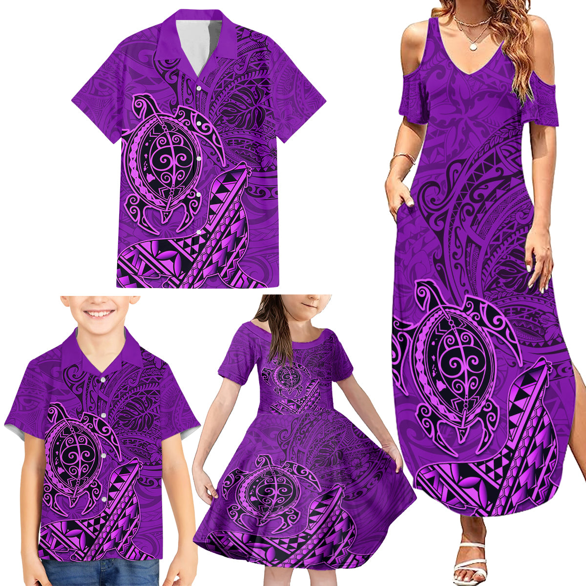 Hawaii Monk Seal and Dolphin Family Matching Summer Maxi Dress and Hawaiian Shirt Polynesian Kakau Pattern Purple LT03 - Polynesian Pride