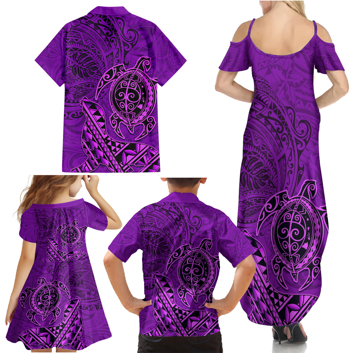 Hawaii Monk Seal and Dolphin Family Matching Summer Maxi Dress and Hawaiian Shirt Polynesian Kakau Pattern Purple LT03 - Polynesian Pride