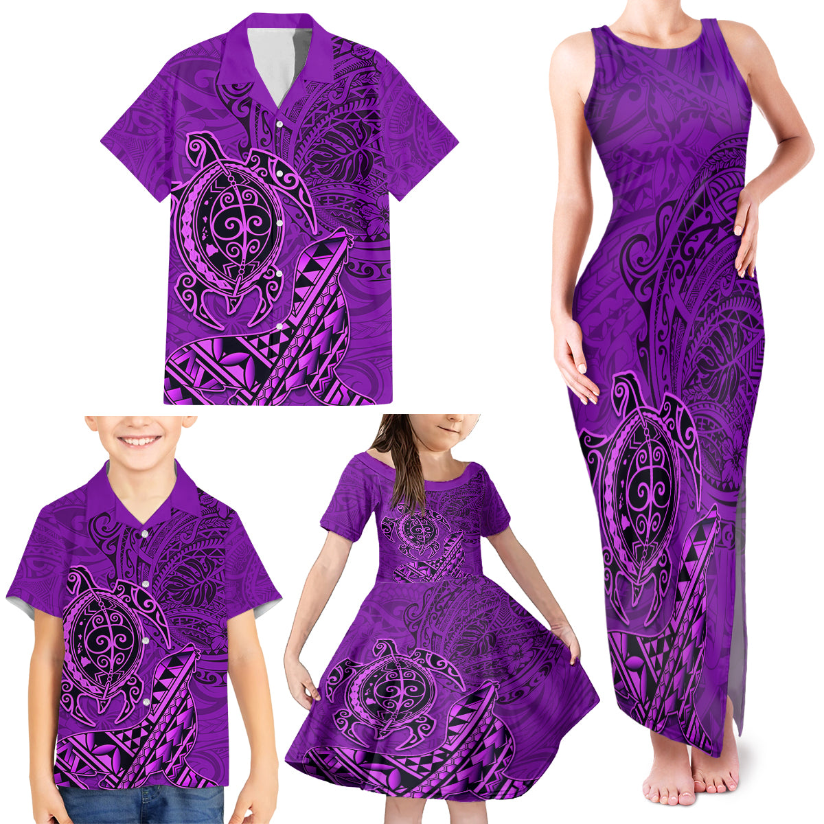 Hawaii Monk Seal and Dolphin Family Matching Tank Maxi Dress and Hawaiian Shirt Polynesian Kakau Pattern Purple LT03 - Polynesian Pride