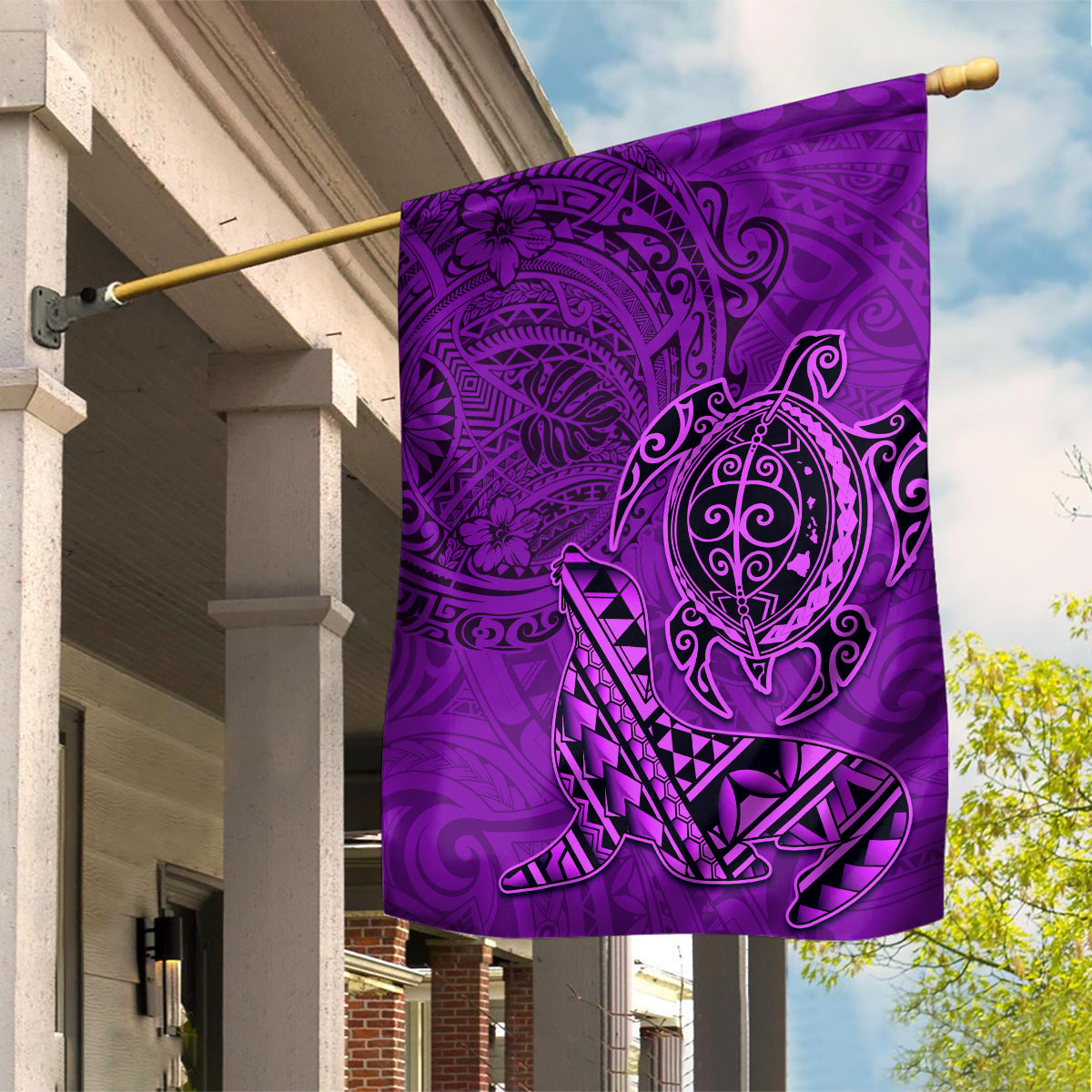 Hawaii Monk Seal and Dolphin Garden Flag Polynesian Kakau Pattern Purple LT03 House Flag Purple - Polynesian Pride