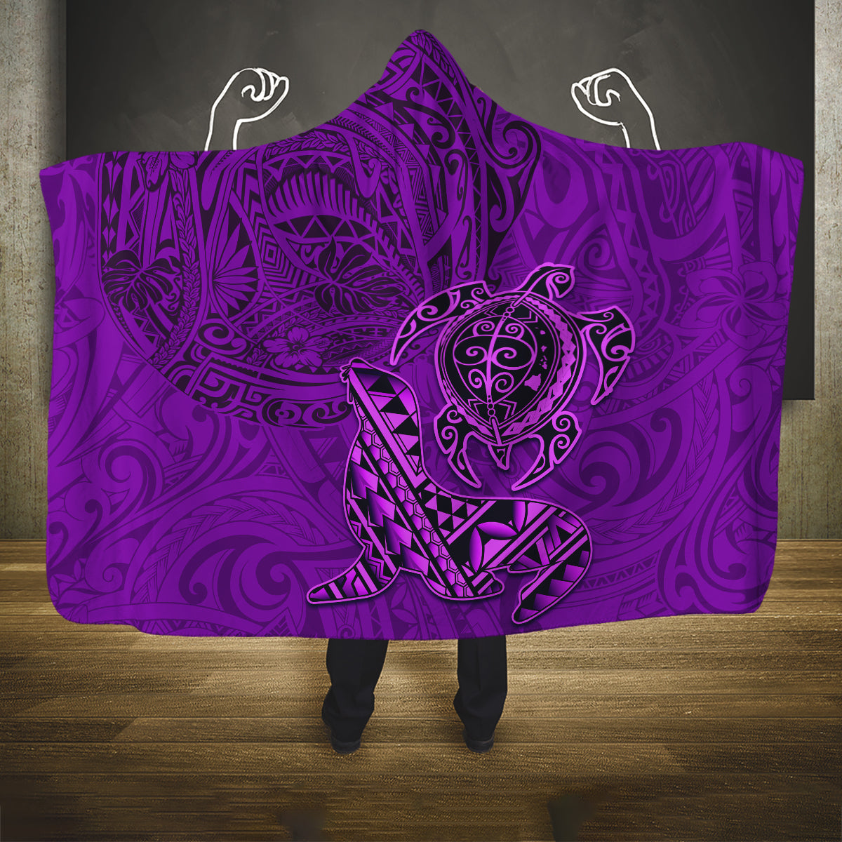 Hawaii Monk Seal and Dolphin Hooded Blanket Polynesian Kakau Pattern Purple