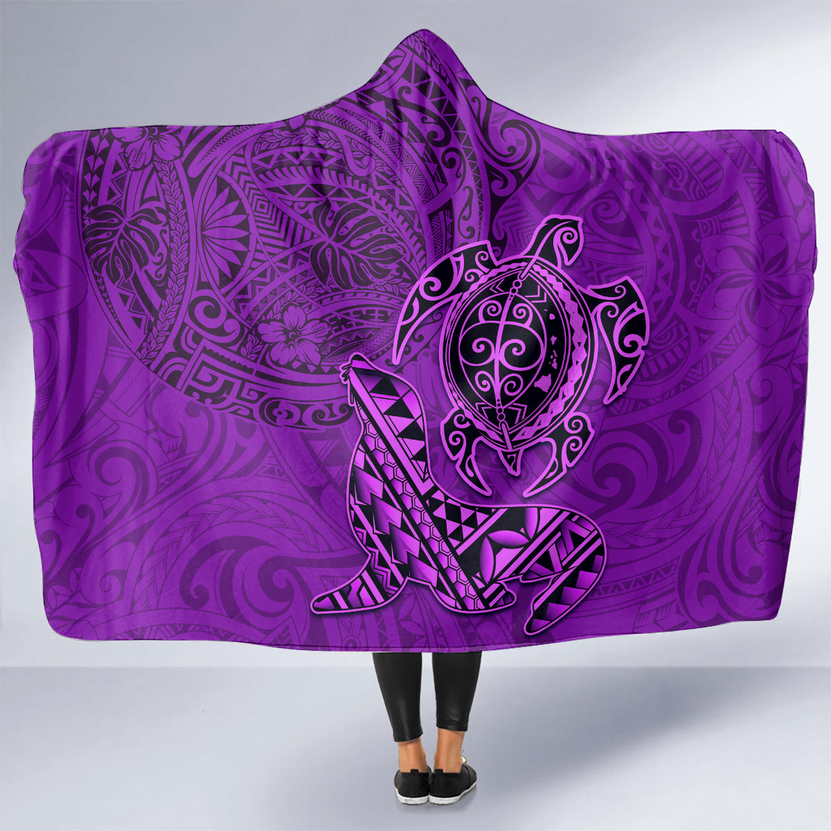Hawaii Monk Seal and Dolphin Hooded Blanket Polynesian Kakau Pattern Purple LT03 - Polynesian Pride