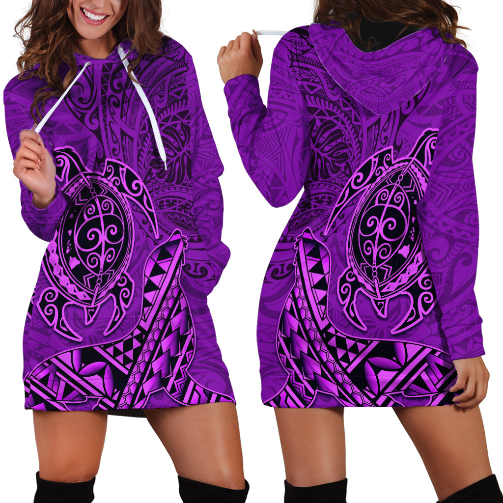 Hawaii Monk Seal and Dolphin Hoodie Dress Polynesian Kakau Pattern Purple LT03 - Polynesian Pride