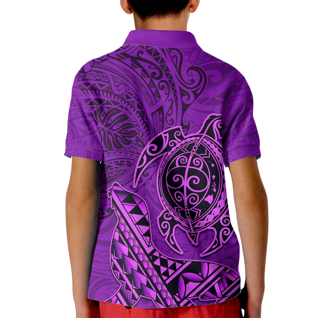 Hawaii Monk Seal and Dolphin Kid Polo Shirt Polynesian Kakau Pattern Purple