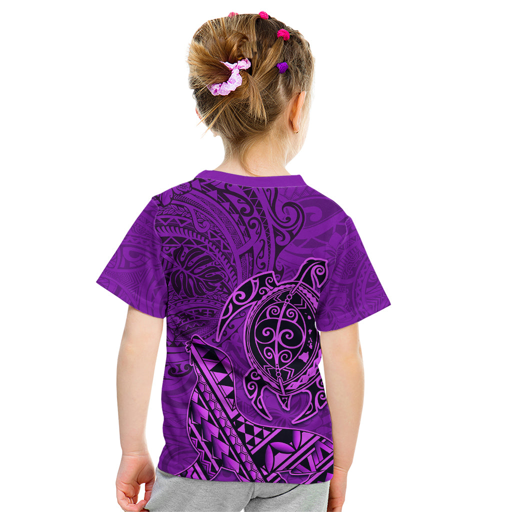 Hawaii Monk Seal and Dolphin Kid T Shirt Polynesian Kakau Pattern Purple
