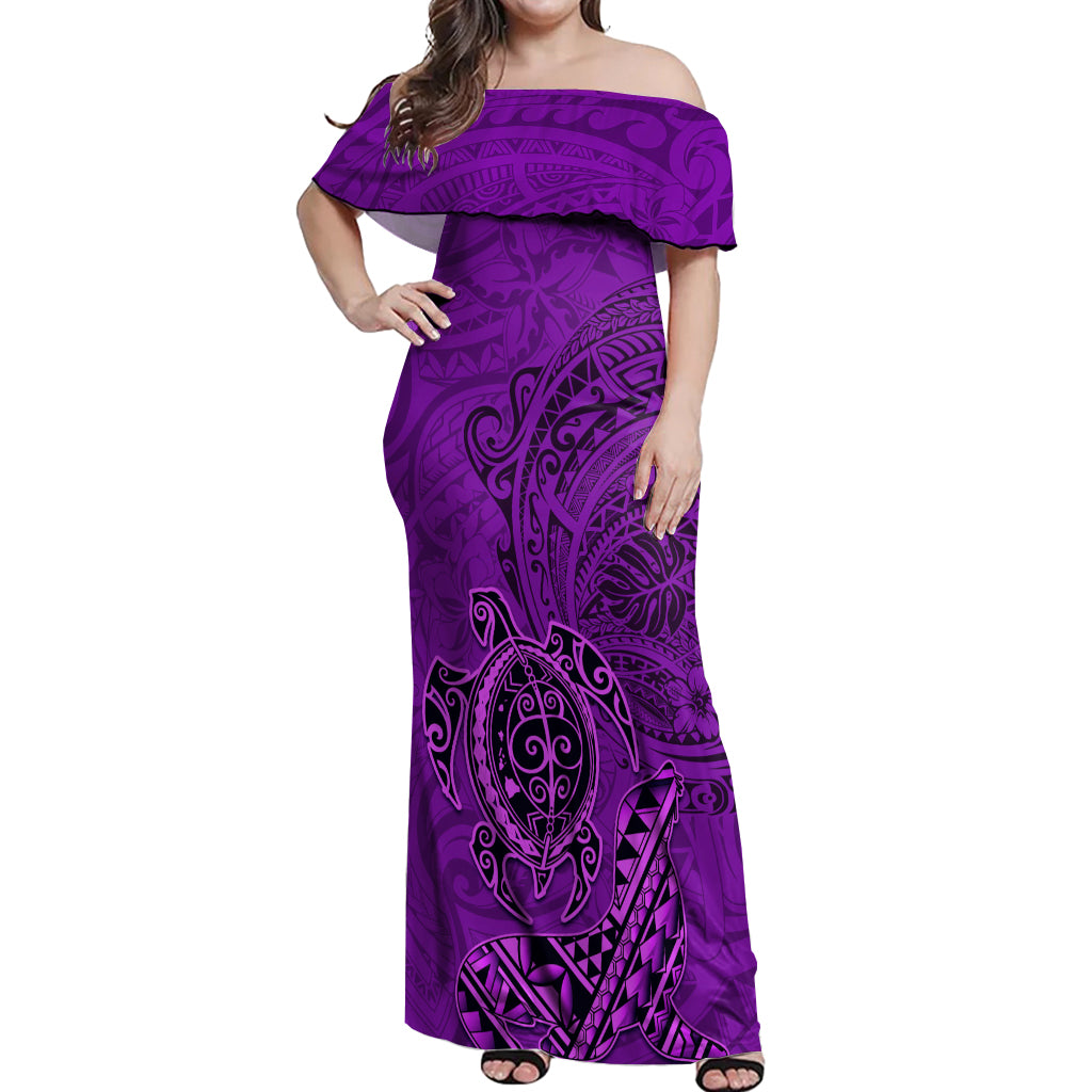 Hawaii Monk Seal and Dolphin Off Shoulder Maxi Dress Polynesian Kakau Pattern Purple LT03 Women Purple - Polynesian Pride