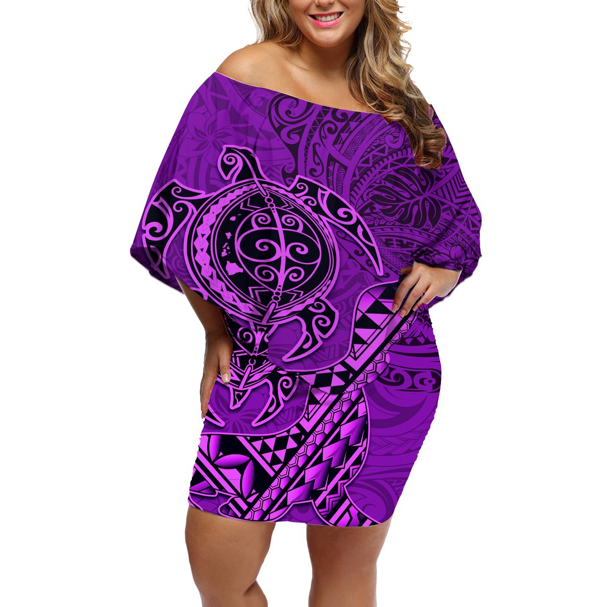 Hawaii Monk Seal and Dolphin Off Shoulder Short Dress Polynesian Kakau Pattern Purple LT03 Women Purple - Polynesian Pride