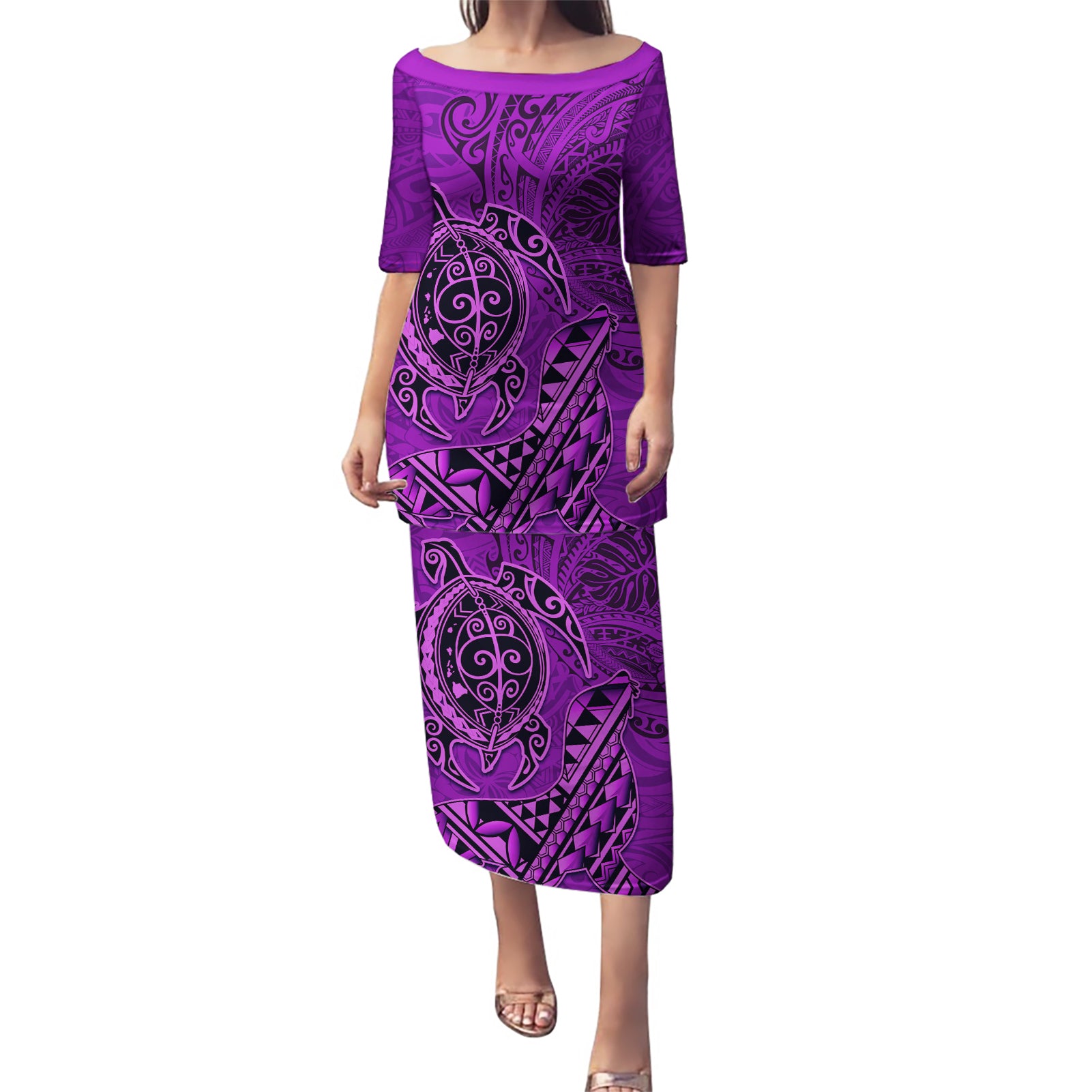 Hawaii Monk Seal and Dolphin Puletasi Polynesian Kakau Pattern Purple