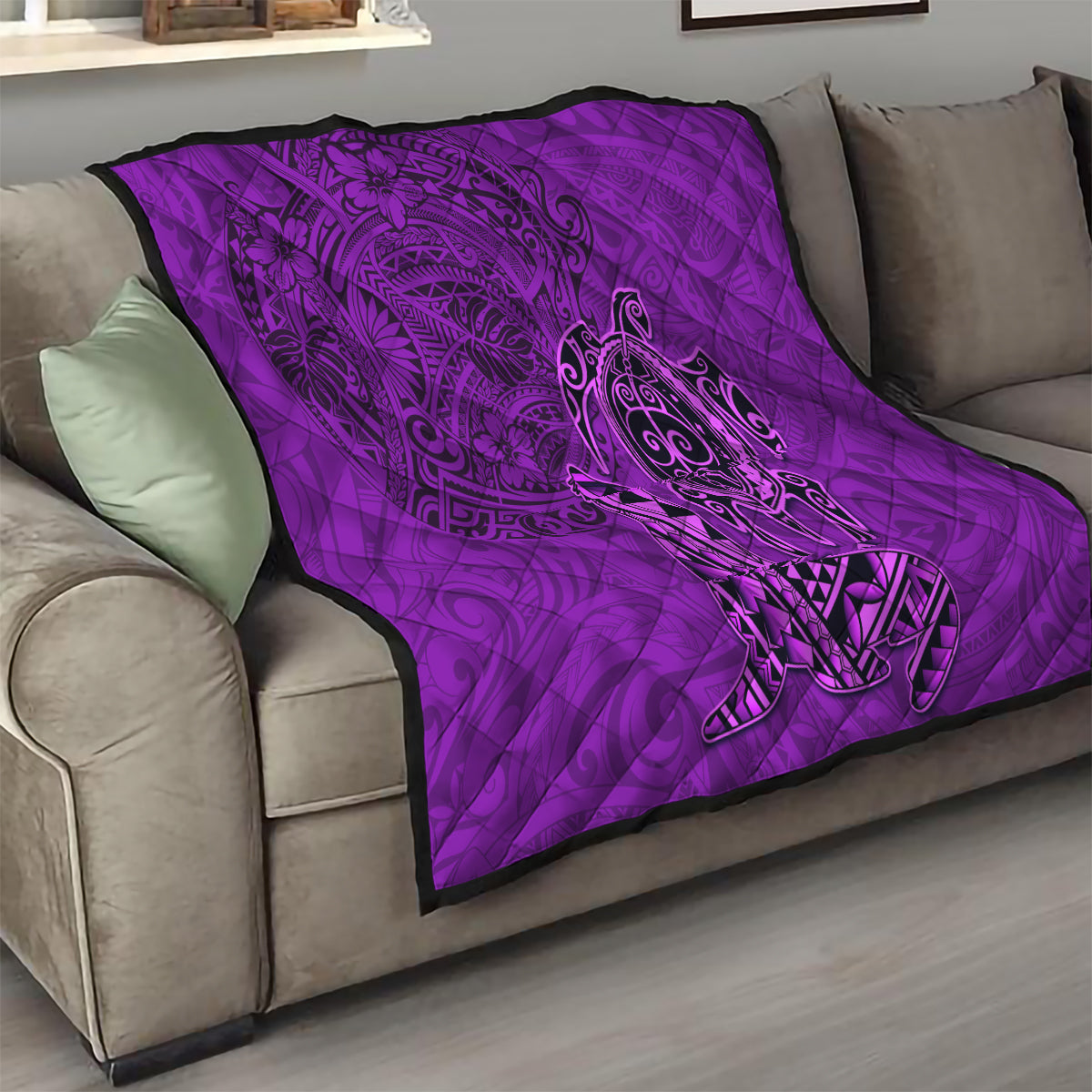 Hawaii Monk Seal and Dolphin Quilt Polynesian Kakau Pattern Purple
