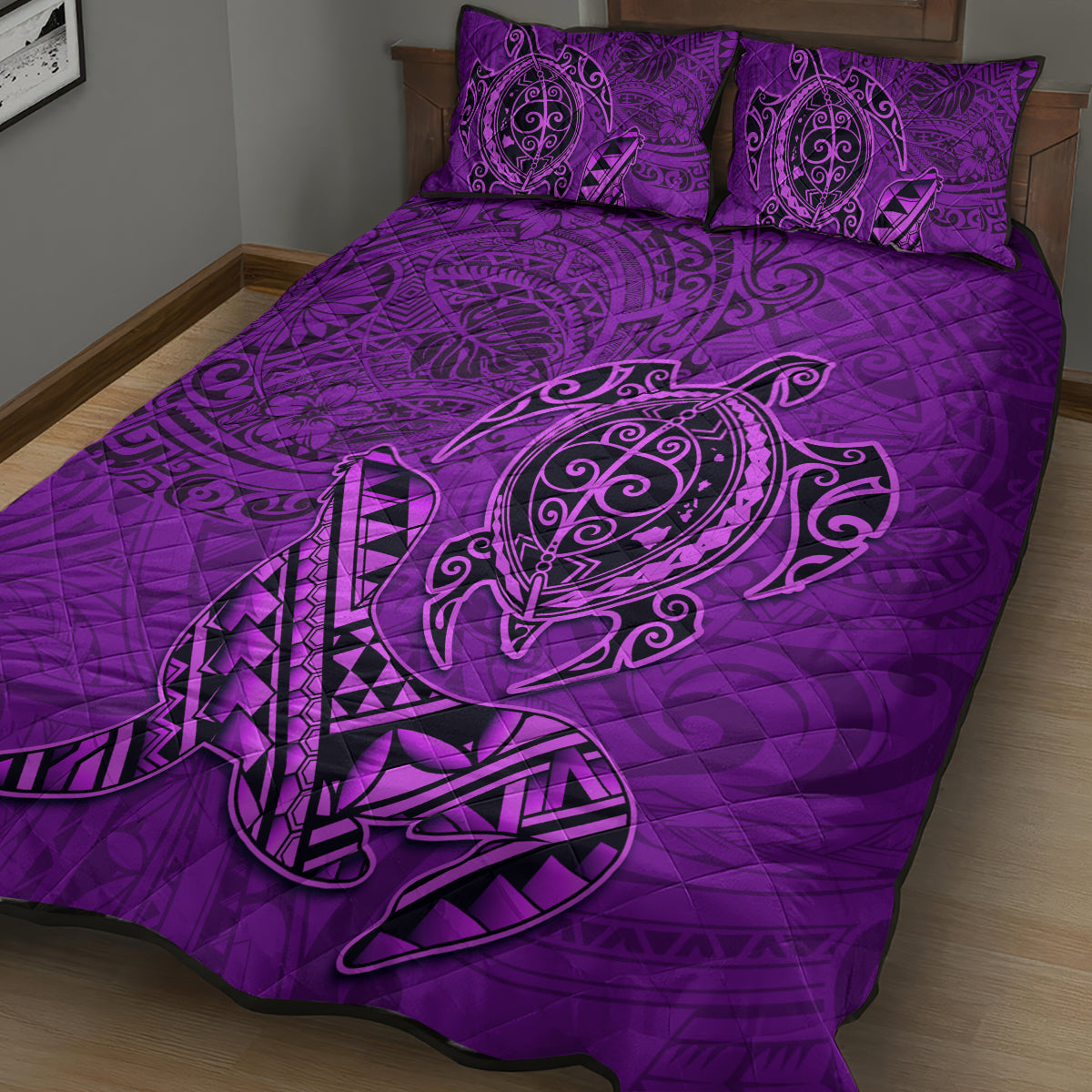 Hawaii Monk Seal and Dolphin Quilt Bed Set Polynesian Kakau Pattern Purple LT03 - Polynesian Pride