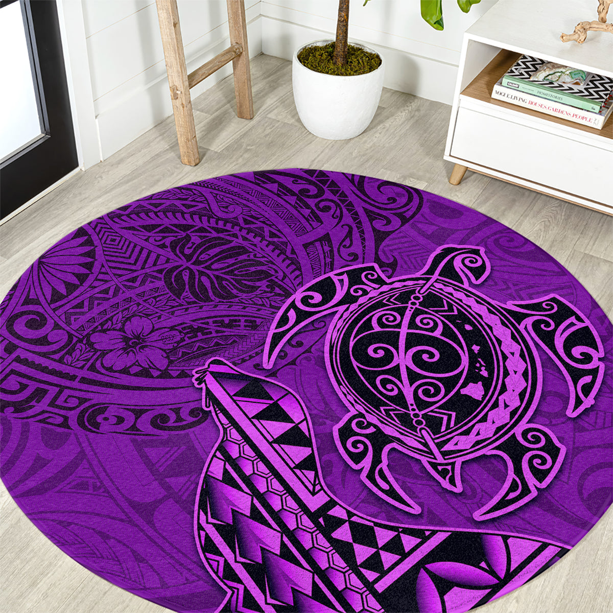 Hawaii Monk Seal and Dolphin Round Carpet Polynesian Kakau Pattern Purple