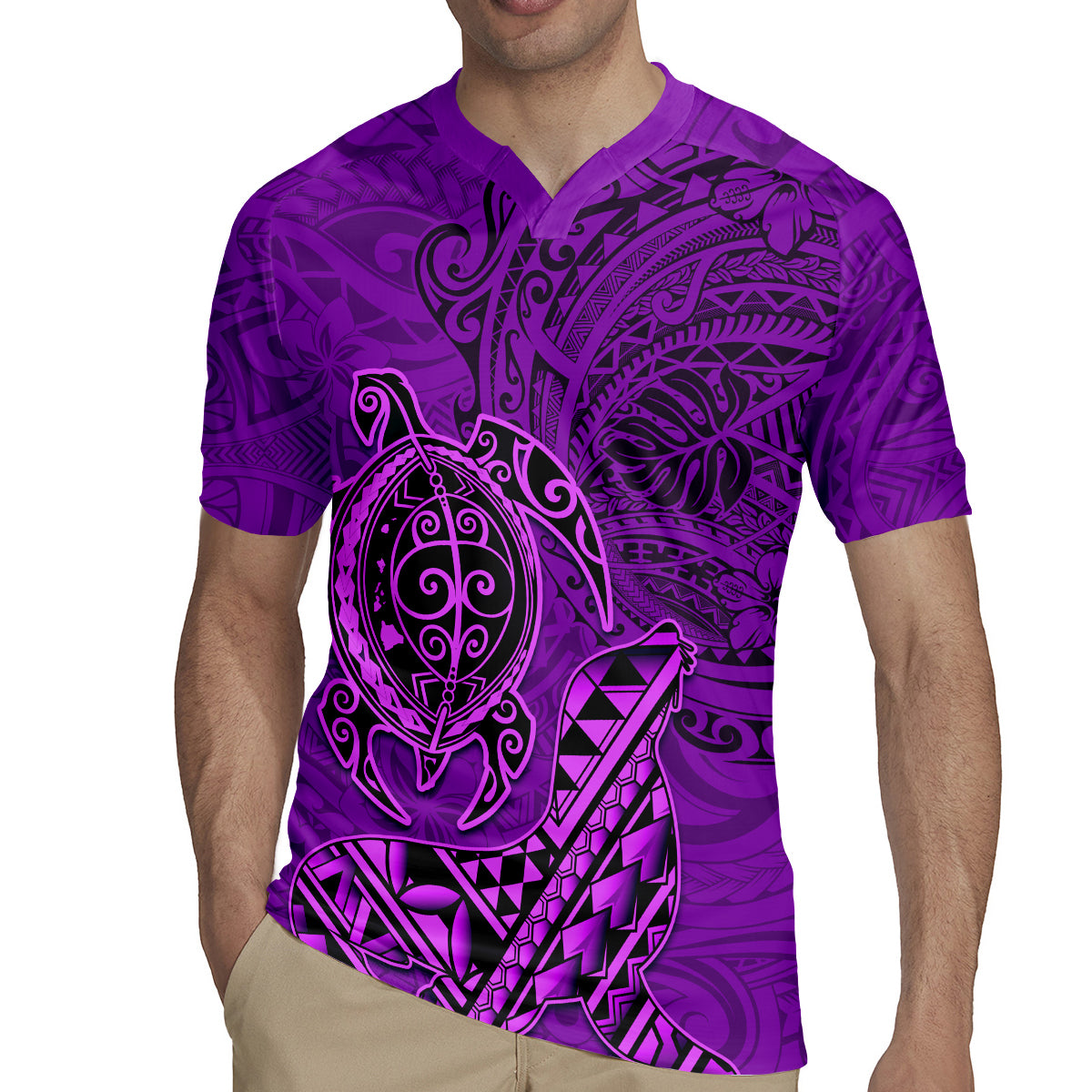 Hawaii Monk Seal and Dolphin Rugby Jersey Polynesian Kakau Pattern Purple LT03 - Polynesian Pride