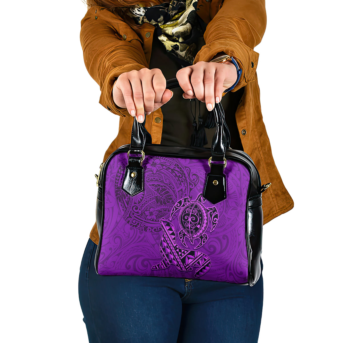 Hawaii Monk Seal and Dolphin Shoulder Handbag Polynesian Kakau Pattern Purple