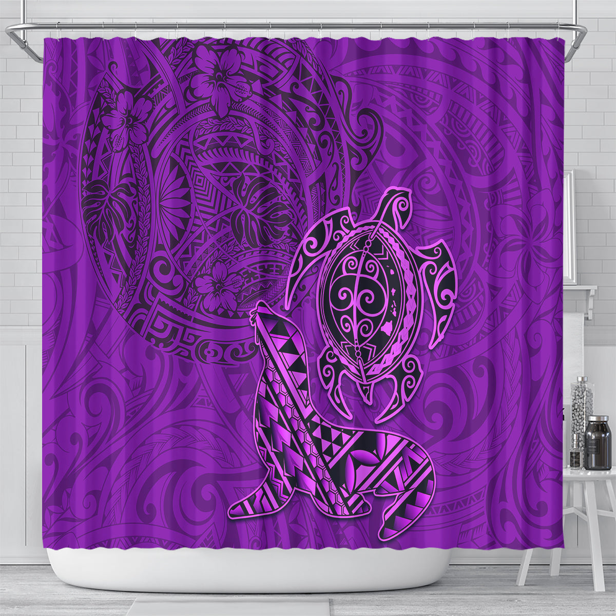 Hawaii Monk Seal and Dolphin Shower Curtain Polynesian Kakau Pattern Purple