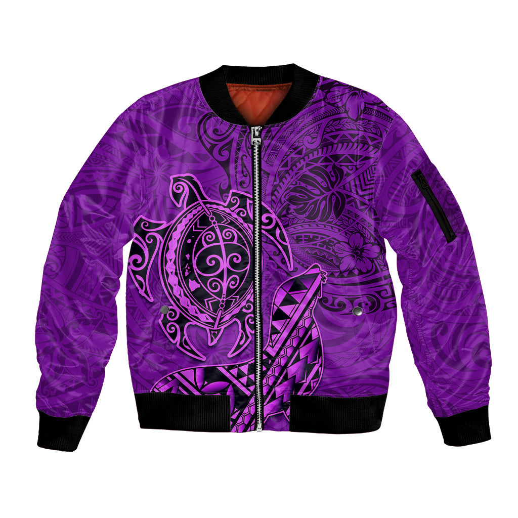 Hawaii Monk Seal and Dolphin Sleeve Zip Bomber Jacket Polynesian Kakau Pattern Purple LT03 Unisex Purple - Polynesian Pride