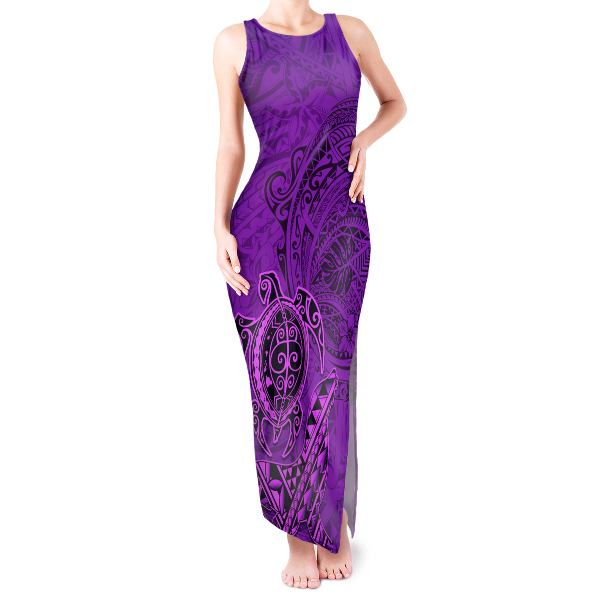 Hawaii Monk Seal and Dolphin Tank Maxi Dress Polynesian Kakau Pattern Purple