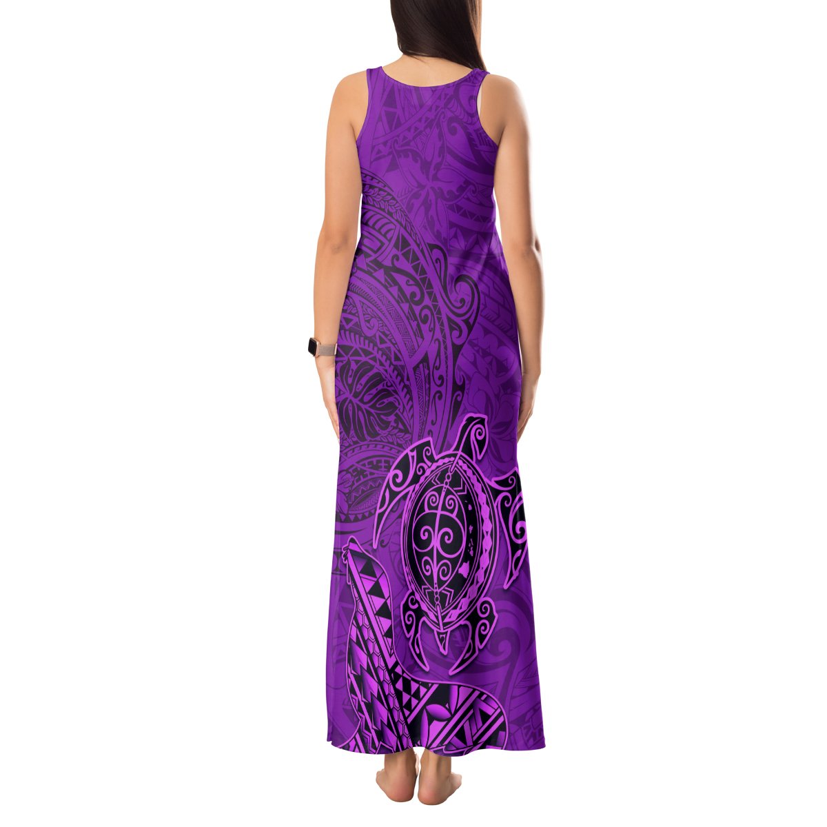 Hawaii Monk Seal and Dolphin Tank Maxi Dress Polynesian Kakau Pattern Purple LT03 - Polynesian Pride
