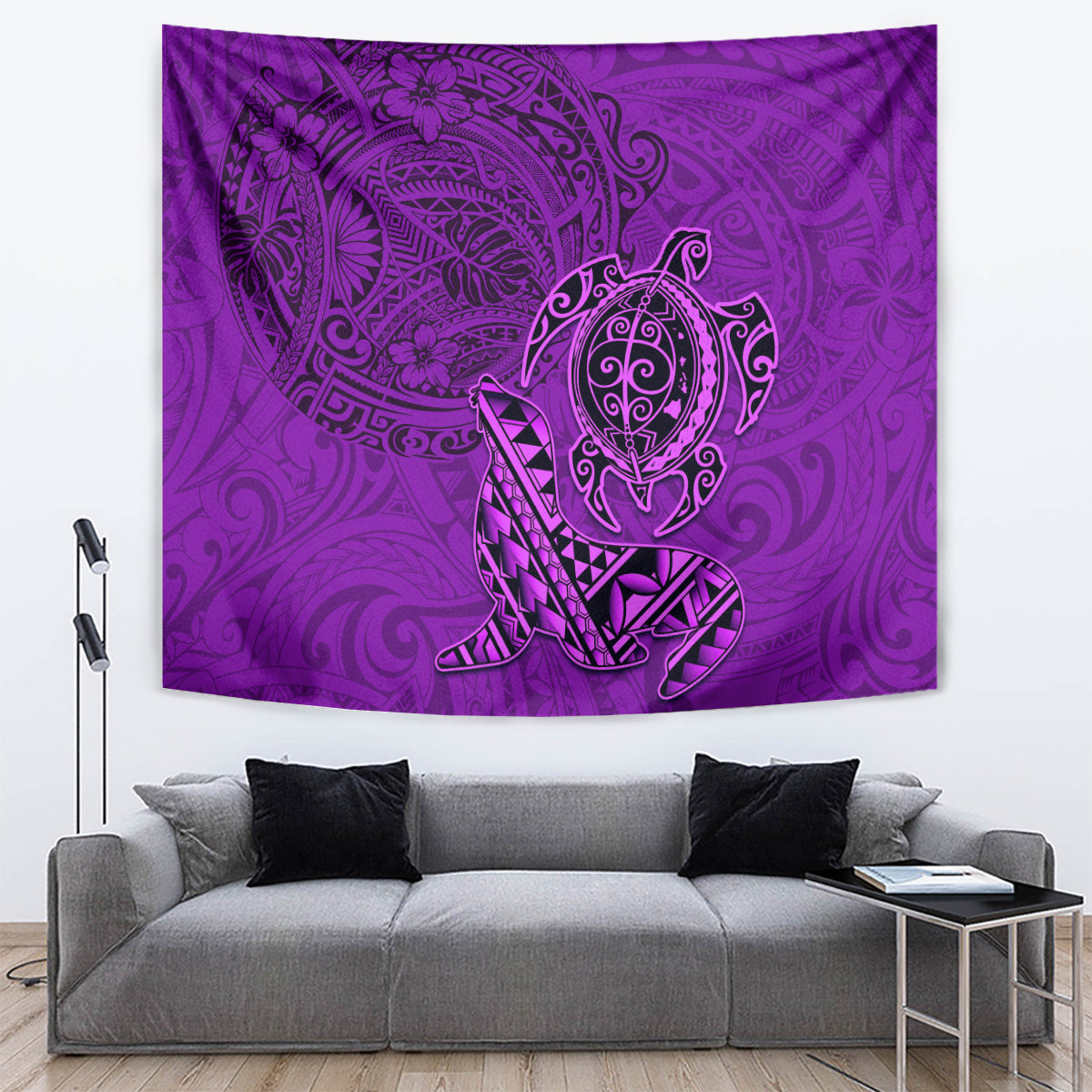 Hawaii Monk Seal and Dolphin Tapestry Polynesian Kakau Pattern Purple