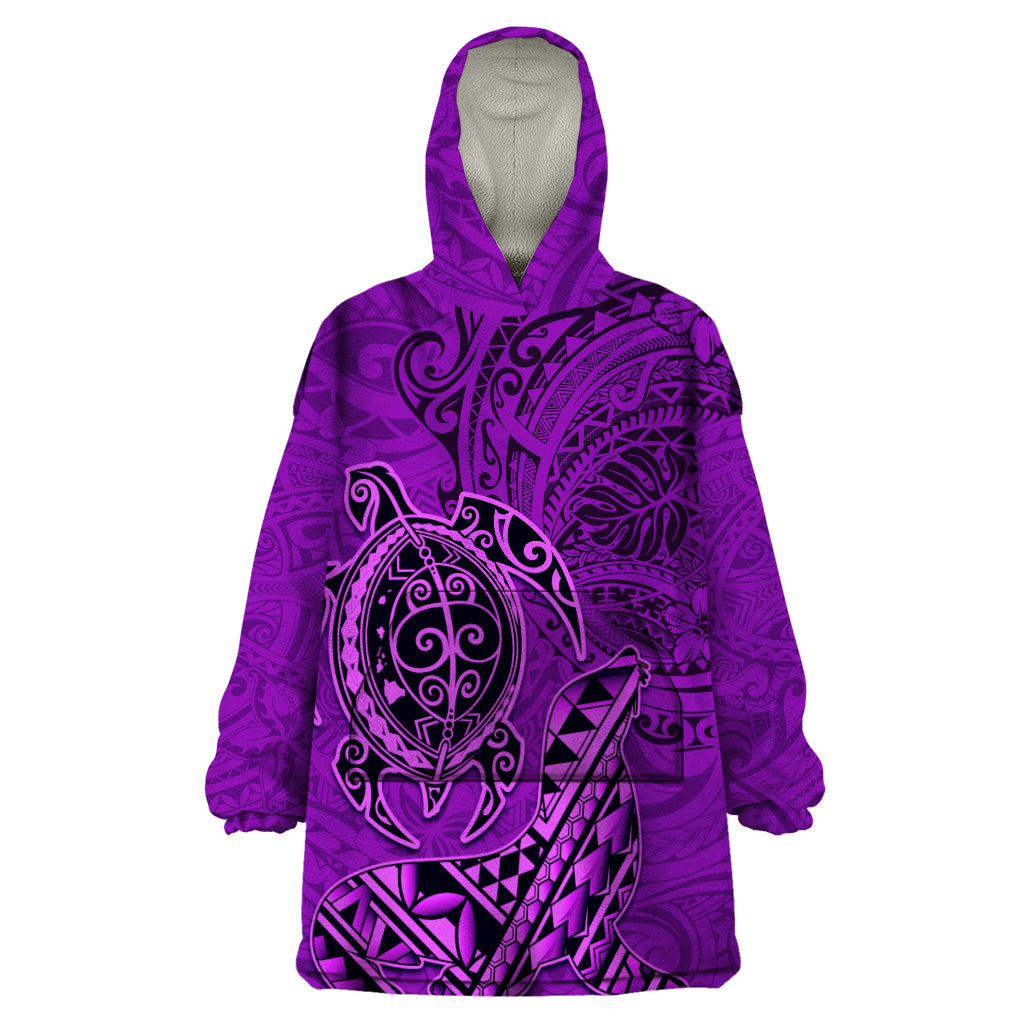 Hawaii Monk Seal and Dolphin Wearable Blanket Hoodie Polynesian Kakau Pattern Purple