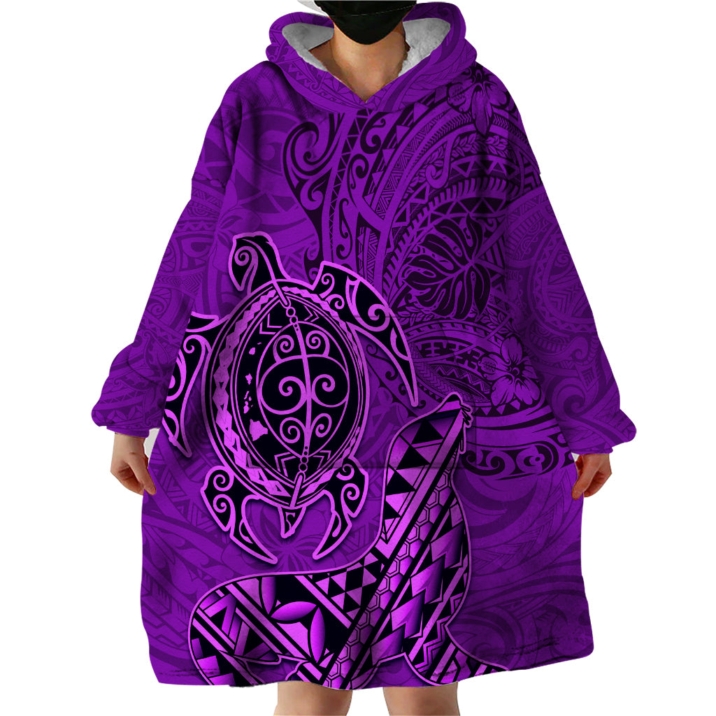 Hawaii Monk Seal and Dolphin Wearable Blanket Hoodie Polynesian Kakau Pattern Purple LT03 - Polynesian Pride