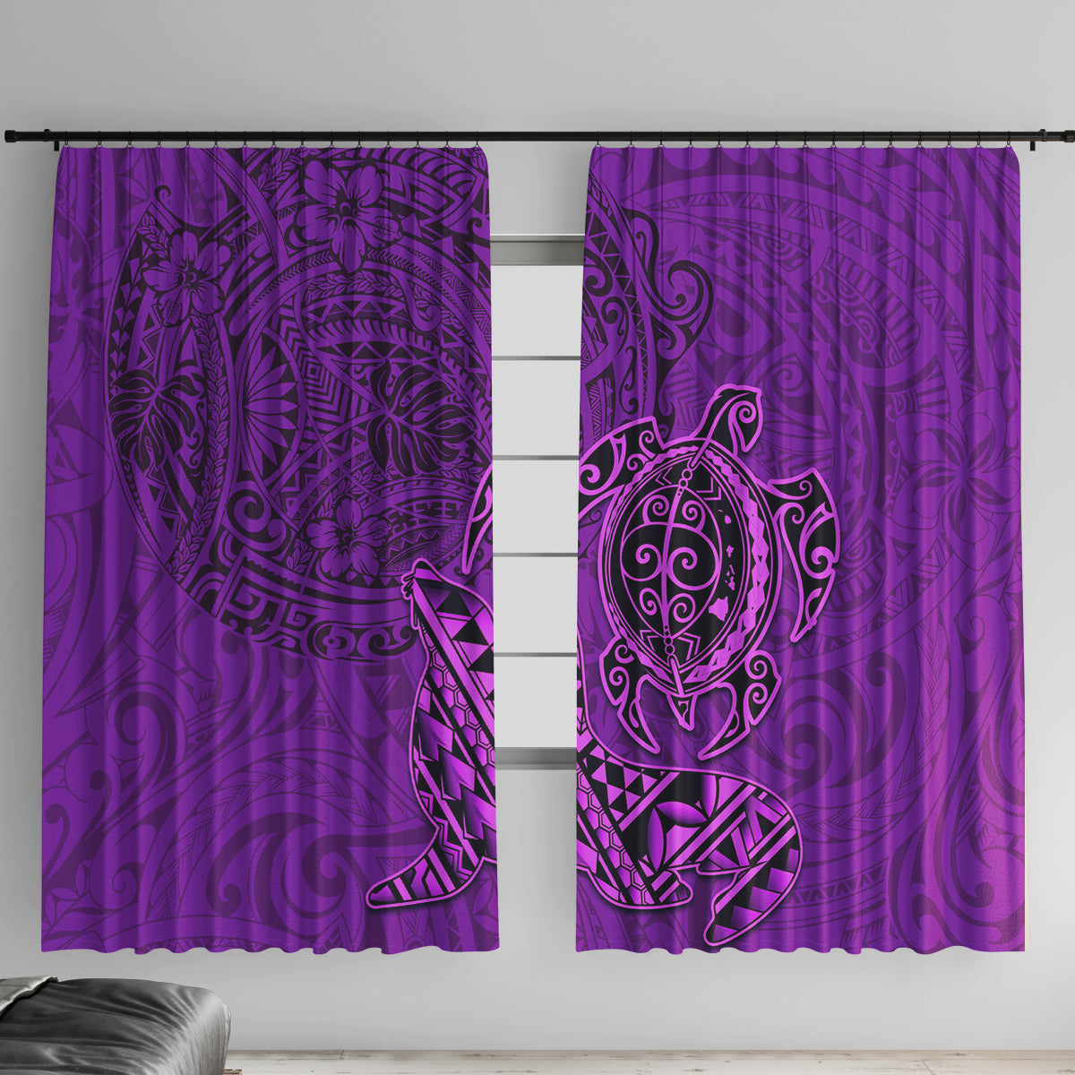 Hawaii Monk Seal and Dolphin Window Curtain Polynesian Kakau Pattern Purple