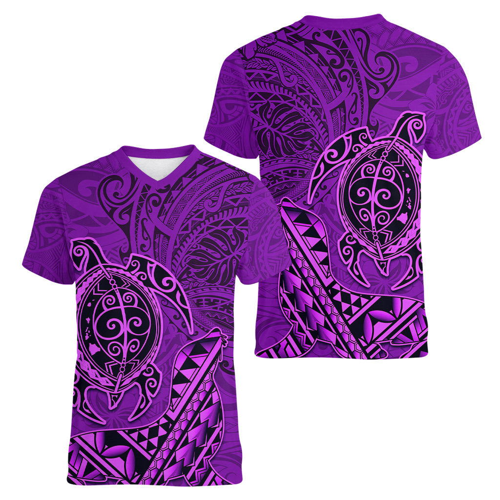 Hawaii Monk Seal and Dolphin Women V-Neck T-Shirt Polynesian Kakau Pattern Purple