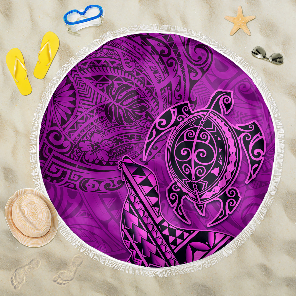 Hawaii Monk Seal and Dolphin Beach Blanket Polynesian Kakau Pattern Pink LT03 One Size 150cm Pink - Polynesian Pride