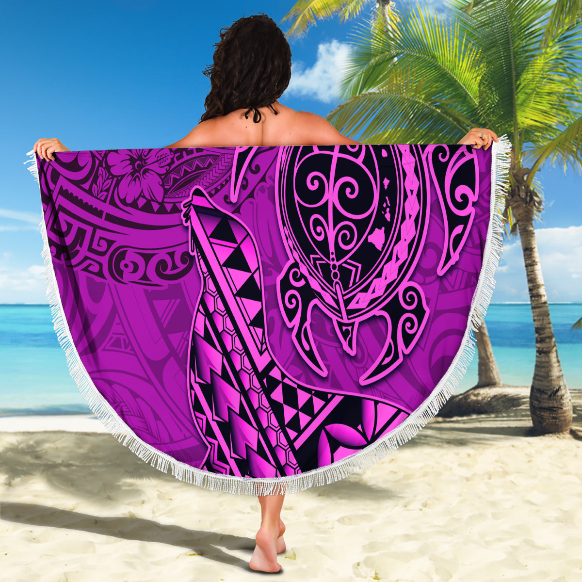 Hawaii Monk Seal and Dolphin Beach Blanket Polynesian Kakau Pattern Pink LT03 - Polynesian Pride