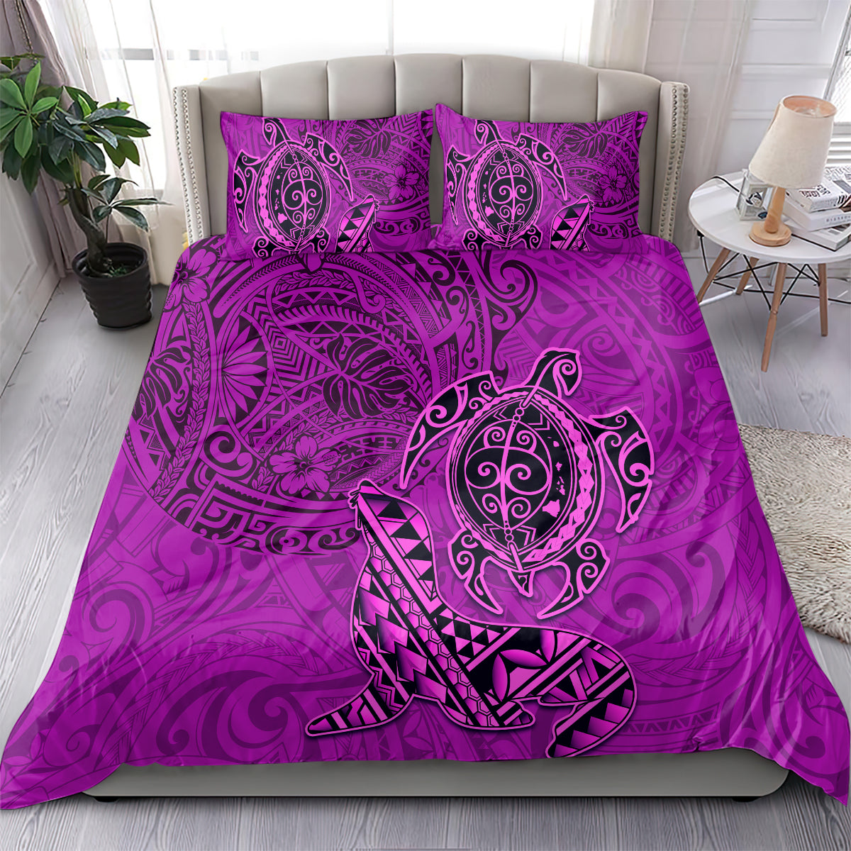 Hawaii Monk Seal and Dolphin Bedding Set Polynesian Kakau Pattern Pink LT03 - Polynesian Pride