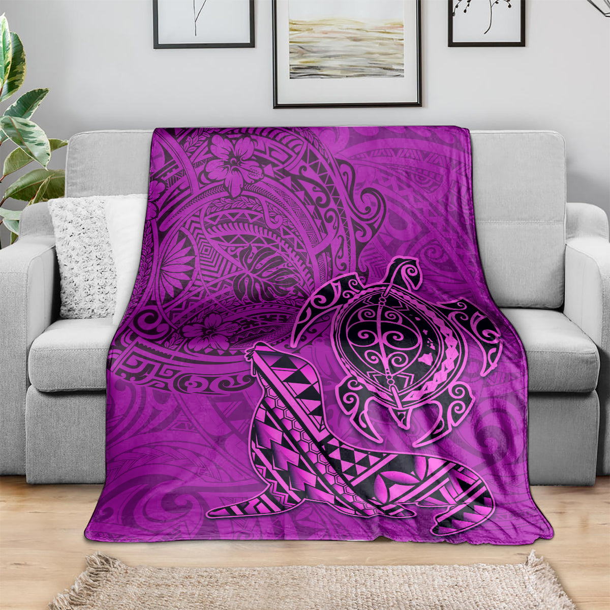 Hawaii Monk Seal and Dolphin Blanket Polynesian Kakau Pattern Pink LT03 - Polynesian Pride